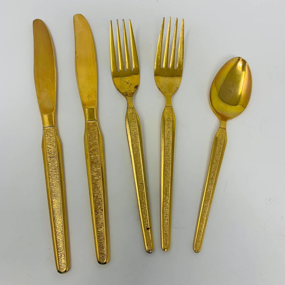 Vintage Royalton Antigua 1 Spoon 2 Butter Knives 2 ForksGold Plated Flatware MCM